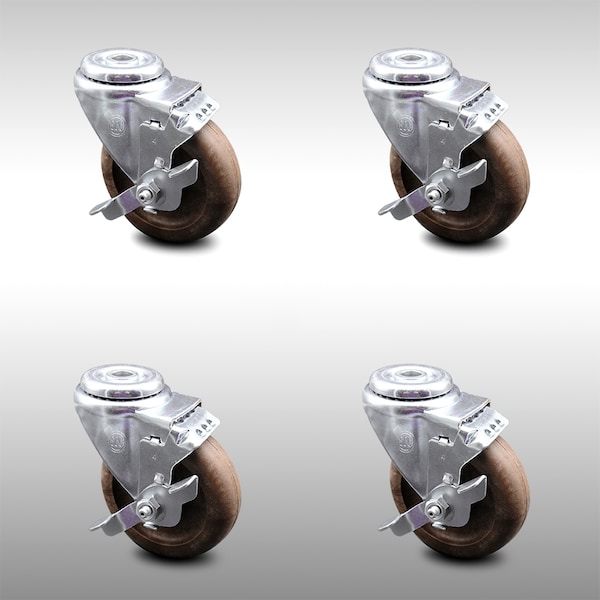 4 Inch SS High Temp Glass Filled Nylon Swivel Bolt Hole Caster Set with Brake